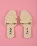 ZARA LOW HEEL CROSSED LEATHER SANDALS OFF WHITE