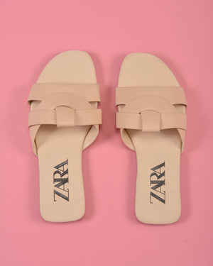 ZARA LOW HEEL CROSSED LEATHER SANDALS BEIGE