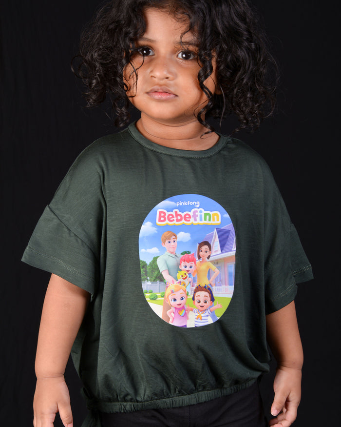 Kids Graphic Tee With Elastic Bottom-Deep Olive