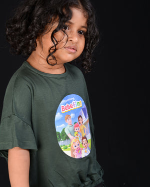 Kids Graphic Tee With Elastic Bottom-Deep Olive