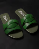 ZARA LOW HEEL CROSSED LEATHER SANDALS GREEN