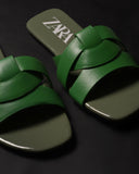 ZARA LOW HEEL CROSSED LEATHER SANDALS GREEN