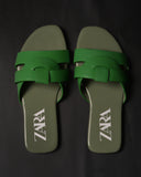 ZARA LOW HEEL CROSSED LEATHER SANDALS GREEN