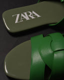 ZARA LOW HEEL CROSSED LEATHER SANDALS GREEN