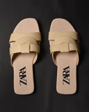 ZARA LOW HEEL CROSSED LEATHER SANDALS OFF WHITE