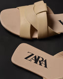 ZARA LOW HEEL CROSSED LEATHER SANDALS OFF WHITE