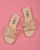 ZARA LOW HEEL CROSSED LEATHER SANDALS BEIGE