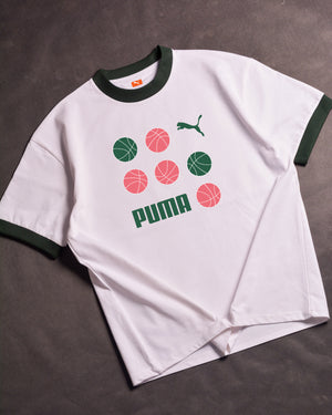 P GRAPHICS BBall  Ringer White/Green Drop Shoulder T-Shirt