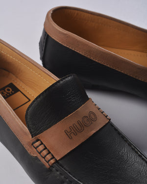 HUGO BRUSH-OFF LEATHER MOCCASINS WITH BRANDED TRIM BLACK/CAMEL