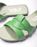 ZARA LOW HEEL CROSSED LEATHER SANDALS GREEN