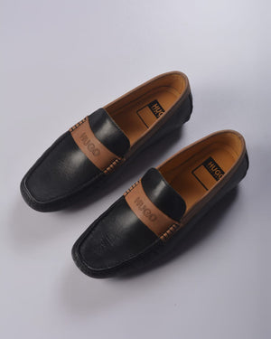 HUGO BRUSH-OFF LEATHER MOCCASINS WITH BRANDED TRIM BLACK/CAMEL