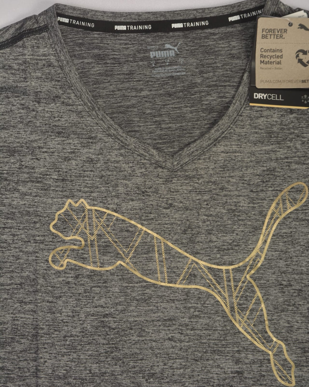 Puma Womens Heather Cat V-Neck T-Shirt big logo Grey | handsandhead