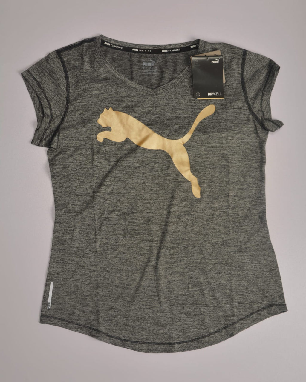 Puma Womens Heather Cat V-Neck T-Shirt big logo Dark Grey