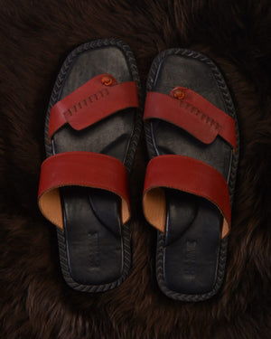 LEATHER MENS SLIDES RED AND BLACK
