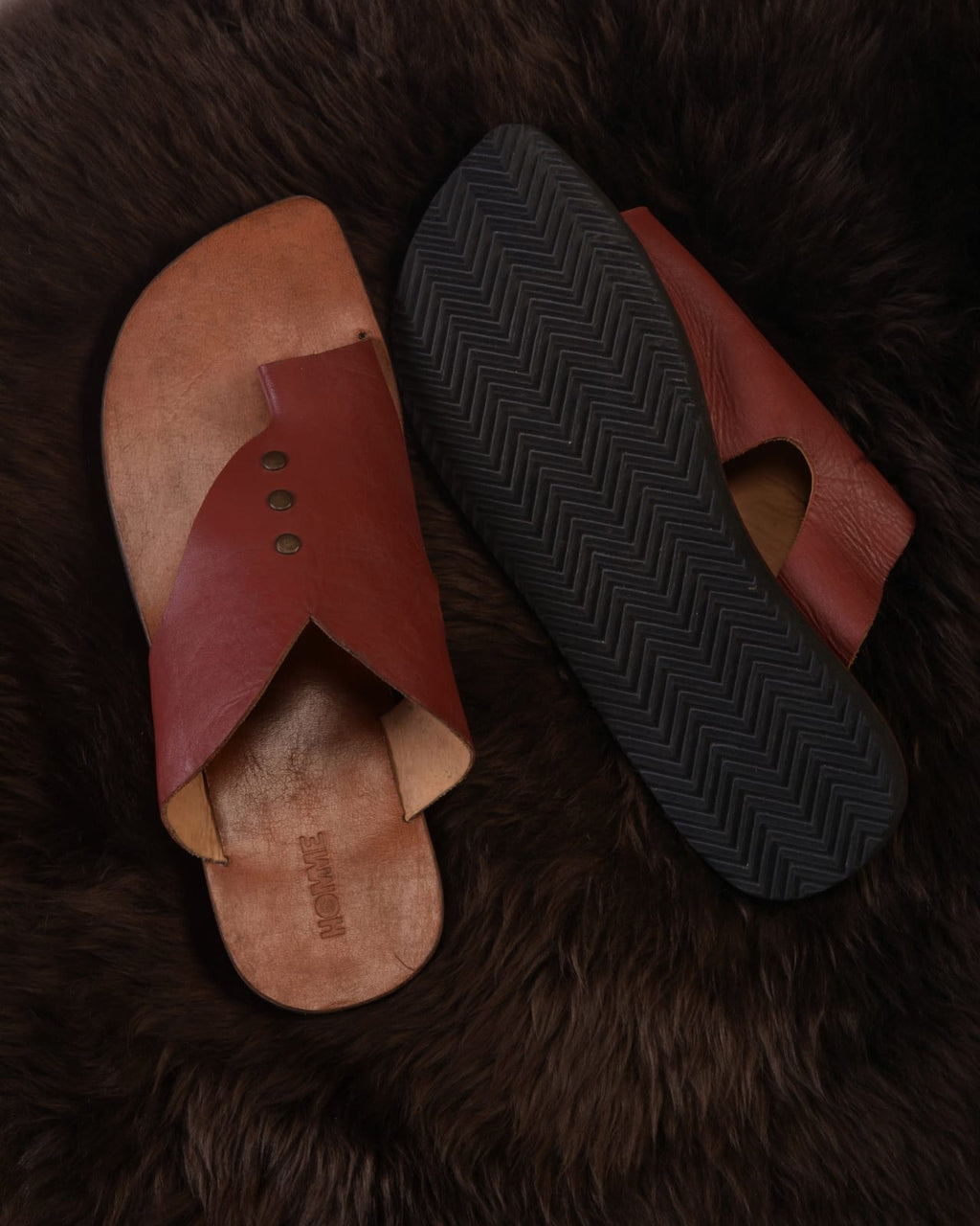 LEATHER MENS SLIDES RED AND BROWN